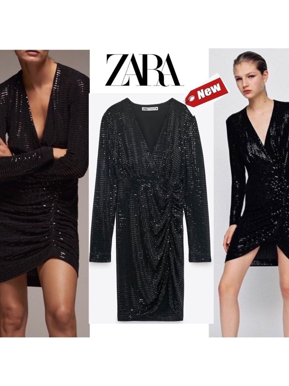 Zara black sequin long sleeve V-neck ruched mini dress sparkly Sz XS NWT